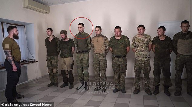 Russian mobilized soldier Evgeny Kovtkov (circled), captured by the Ukrainian Armed Forces in July 2023