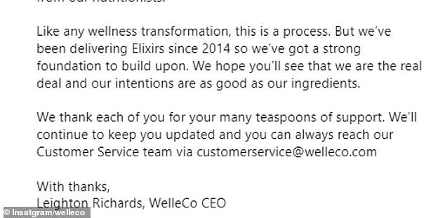 WelleCo CEO Leighton Richards released a statement Thursday addressing the issue and addressing customer concerns