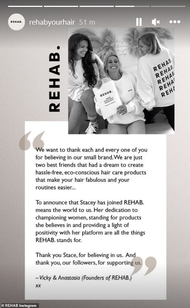 Grateful: Meanwhile, Rehab founders Vicky and Anastasia shared on Instagram their excitement about Stacey joining the team