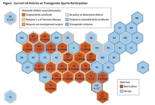 The map above shows states that have adopted policies prohibiting transgender women from participating in women's sports at the school level.