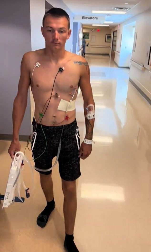 Mason Middleton, 19, of Fort Myers, Florida, (pictured above in hospital) suffered a collapsed lung after becoming addicted to vaping