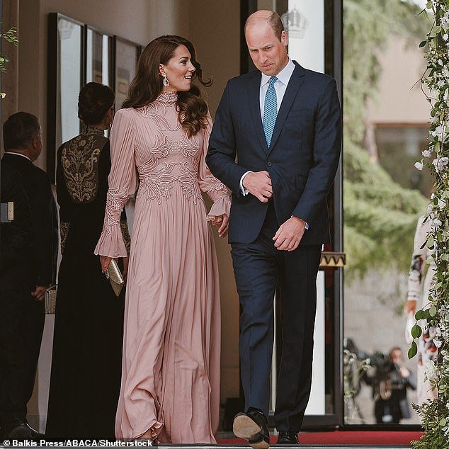 A plane that carried the Prince and Princess of Wales to a royal wedding in Jordan three weeks ago (pictured) came within just 30 feet of colliding with an illegally flown drone