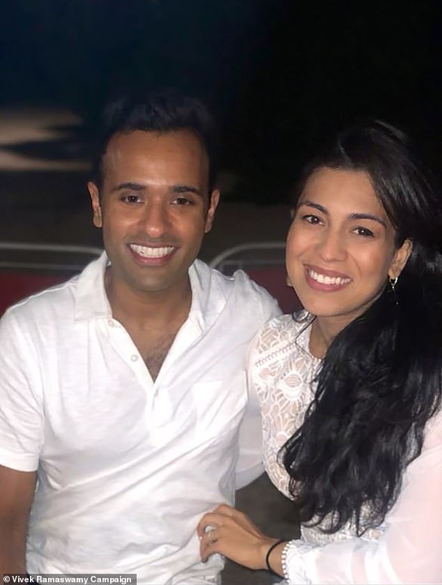 Apoorva Ramaswamy told DailyMail.com that her husband and 2024 hopeful Vivek Ramaswamy were 'bummed' when Eminem sent him a cease and desist order to stop rapping his music publicly.  Pictured: Vivek and Apoorva Ramaswamy in 2015, the night before their wedding