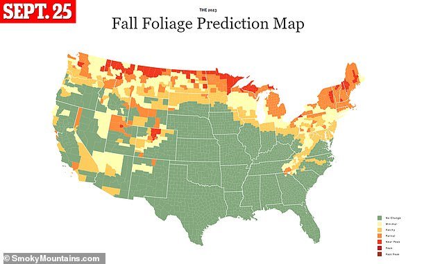 On September 25, all of the northern states and some parts of the West Coast will be covered in fall colors