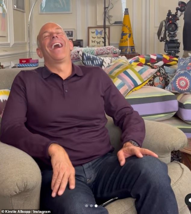 Supported: Phil Spencer smiled on set as he filmed with Kirstie Allsopp on Tuesday, after returning to work following the tragic death of his beloved parents