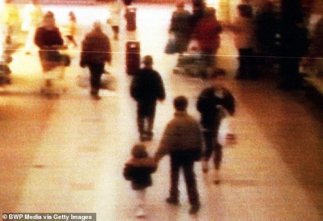 A surveillance camera shows the abduction of two-year-old James Bulger from the Bootle Strand shopping center on February 12, 1993