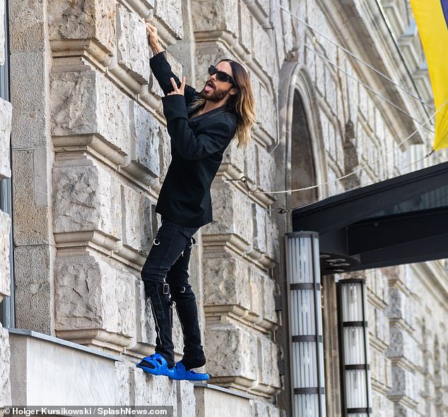 Beware: Jared Leto had 30 seconds before he suffered a terrible accident on Tuesday when he tried to climb a wall outside his hotel in Berlin - without a safety harness