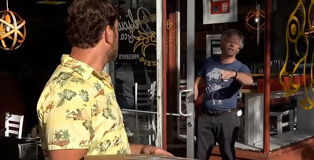 The argument quickly escalated after the unnamed owner (pictured right) of the Massachusetts restaurant confronted him about it