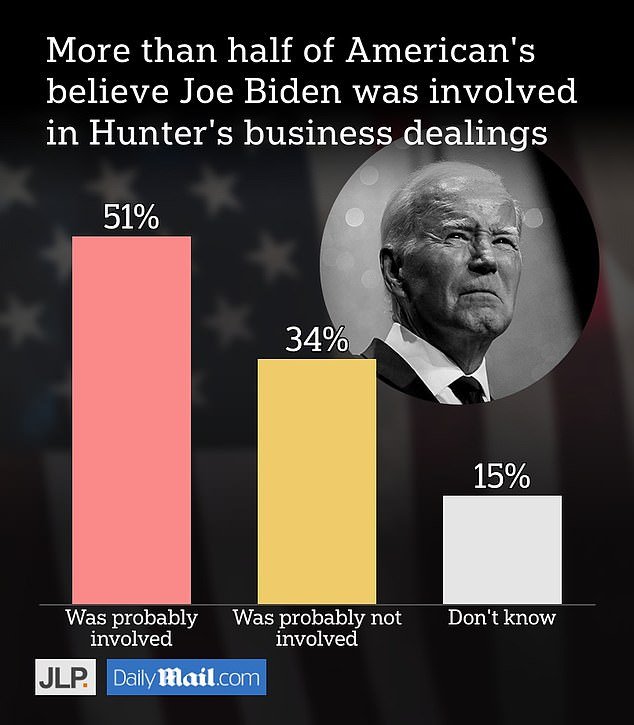 More than half of Americans believe President Joe Biden was likely involved in his son's foreign business dealings, including a majority of independents, according to exclusive polling conducted for DailyMail.com