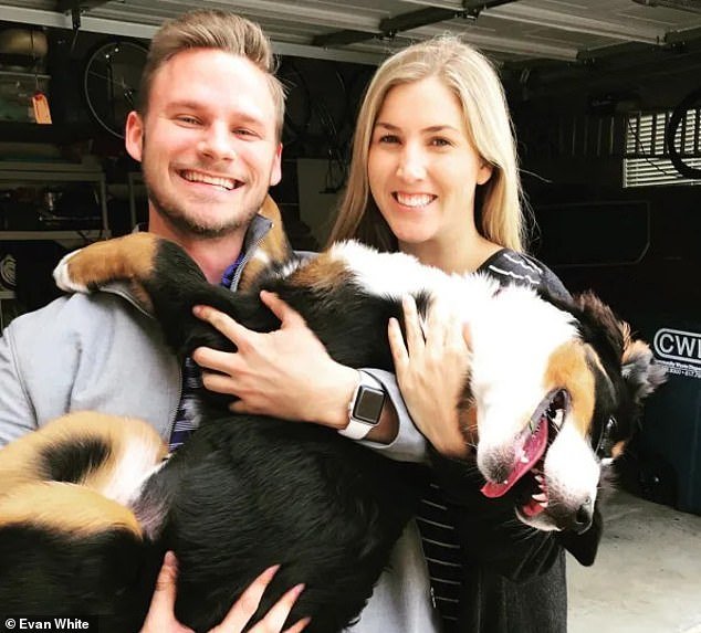 Evan White is pictured above with his fiancée Katie Briggs and their dog Lola.  The couple had started dating when Evan had cancer and became engaged when his condition stabilized.  However, he died after battling the disease for four years