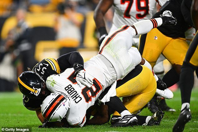 Chubb was injured in the first half of Monday Night Football after a low tackle by Fitzpatrick