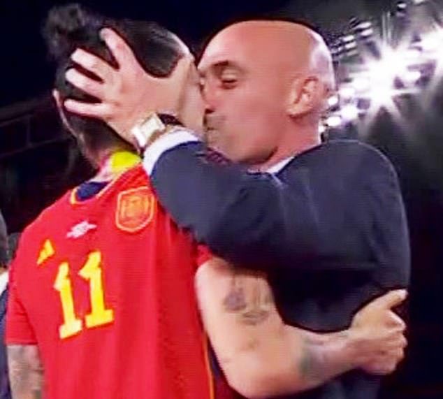 Luis Rubiales was pictured kissing Jenni Hermoso after last month's World Cup final - the suspended Spanish FA president has been hit with a lawsuit for sexual assault and coercion