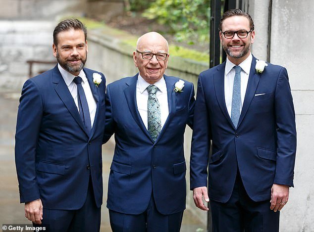As a youngster, he would have had pull-up contests with his brother James to the point where their hands bled.  Above: Lachlan Murdoch (left) and his brother pose with their father at his 2016 wedding to Jerry Hall