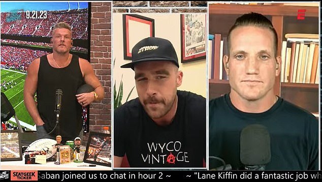 Travis Kelce (center) joined The Pat McAfee Show to break his silence on Taylor Swift