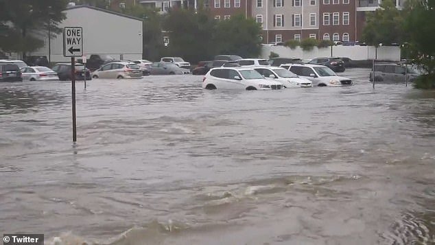 In North Carolina, roads and streets were flooded, preventing cars from driving through the floodwaters.  Yesterday, the National Hurricane Center reported that the storm made landfall near Emerald Isle, North Carolina, just after 6:20 a.m.  The storm had maximum winds of 120 km/h, with sustained winds of 100 km/h