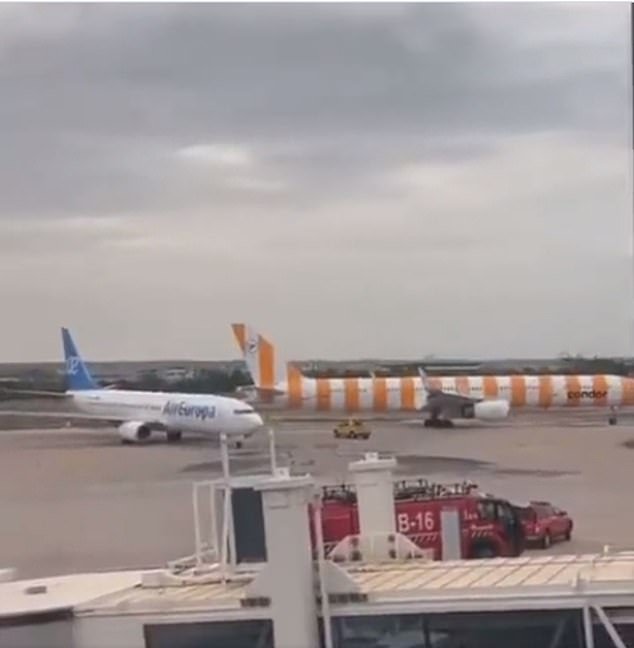Two holiday planes collided on the tarmac of Palma airport in Mallorca this morning.  In the photo: the scene