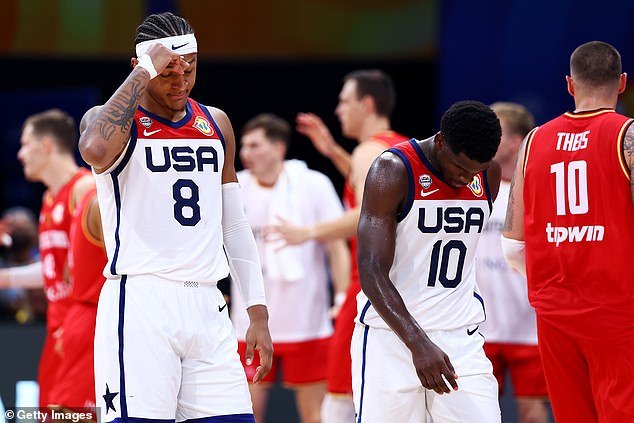Paolo Banchero and Anthony Edwards react after the US lost to Germany in the semi-finals