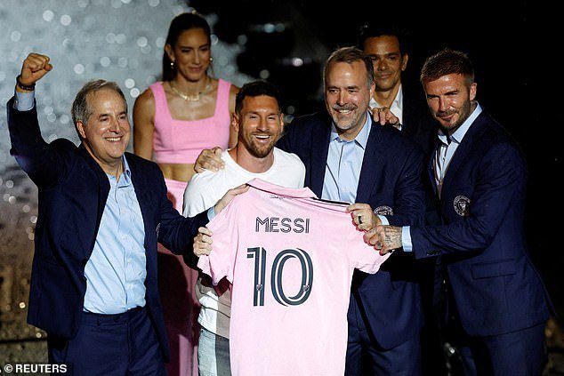 Messi was unveiled in July alongside Beckham, Jorge Mas (left) and Jose R. Mas