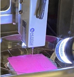 The bioprinter is shown using human skin cells to generate square patches of human-like skin