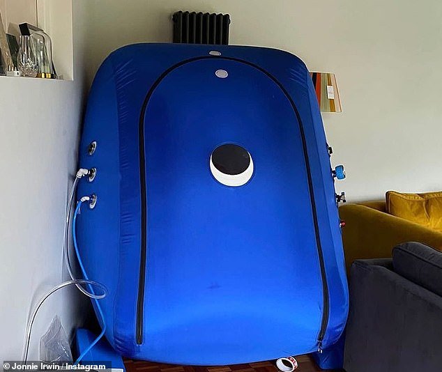 Room: The TV presenter, 49, revealed he was loaned a hyperbaric oxygen chamber and shares photos of it set up in his home