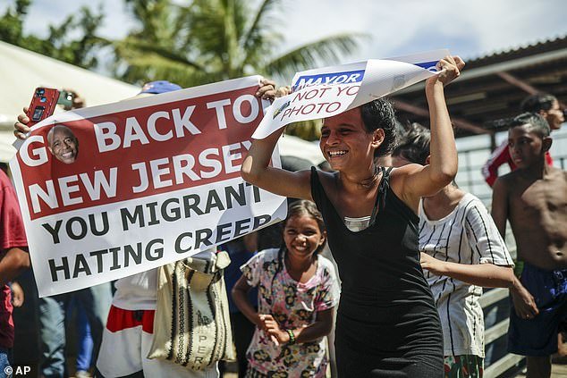 A protest during New York Mayor Eric Adams' visit to Necocli, northern Colombia, after he wrapped up a four-day trip to Latin America to deter migrants
