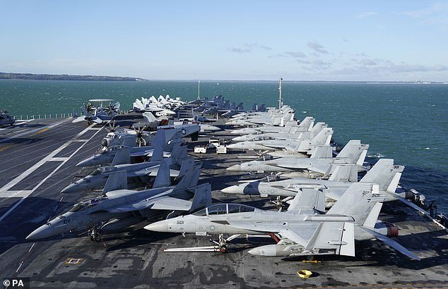 F18 jets on the flight deck of the USS Gerald R. Ford, which is the largest warship in the world