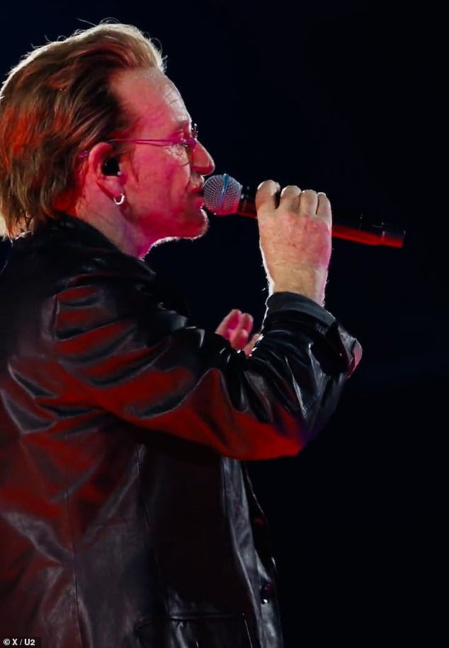 Peace: The singer and activist, 63, joined his U2 bandmates for their final show in Las Vegas at the Sphere on Monday night to show his support for those affected by the war