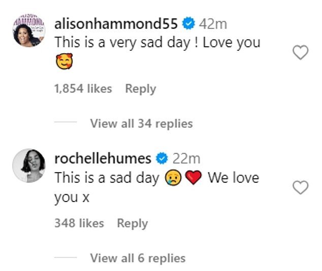 Messages: Alison Hammond, who has been presenting alongside Holly since Philip Schofield stepped down earlier this year, said 'it's a very sad day'