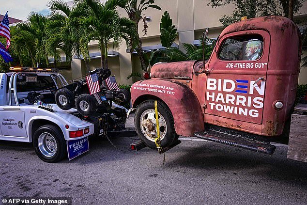 Outside the Palm Beach County Convention were a handful of pro-Trump vehicles, including a Biden-Harris truck mounted on a trailer