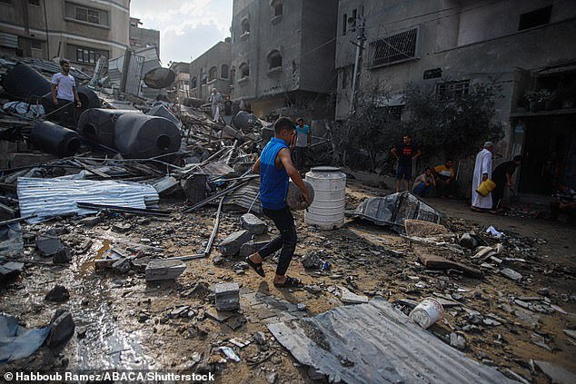 The aftermath of Israeli airstrikes in Gaza on October 10, 2023. Israeli airstrikes hit Gaza on Tuesday, leveling entire districts in retaliation for Saturday's Hamas terror attacks.