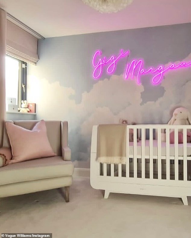 Meanwhile, her daughter Gigi's room is complete with a cute cloud-printed wall and her name in neon lights