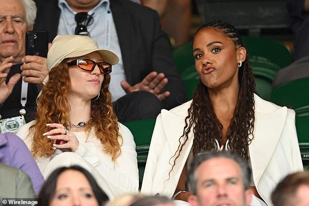 Romance: Alex and Jess sat next to each other during day two of Wimbledon back in July, with a source claiming: 'They're officially an item now and they look really happy'
