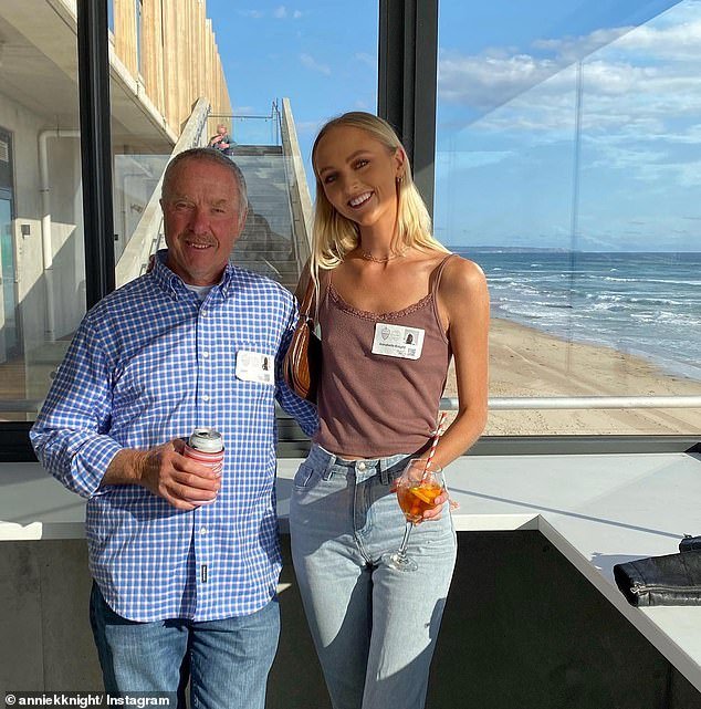 Annie with dad Simon at Portsea Surf Life Saving Club on the Mornington Peninsula claims her dad is 'too old' to know what OnlyFans is
