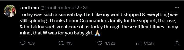 Jen announced the miscarriage on X with another tweet following the Commanders' victory