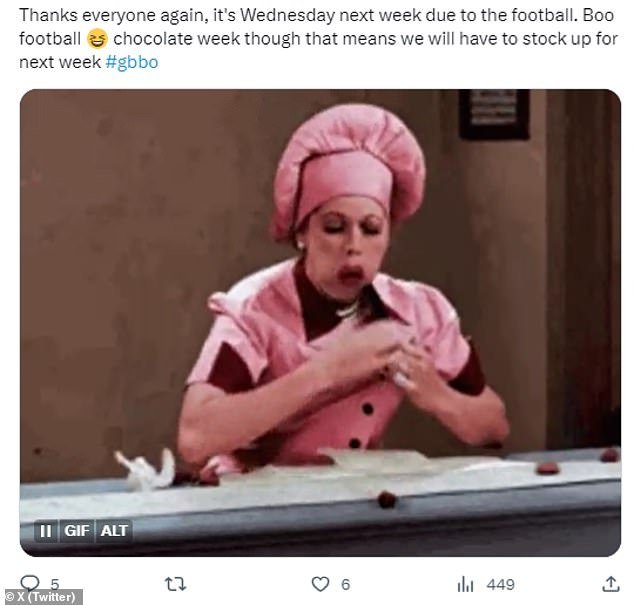 Outraged: Disgruntled Bake Off fans have taken to X, formerly Twitter, to criticize the delay of the next episode in favor of airing a football match