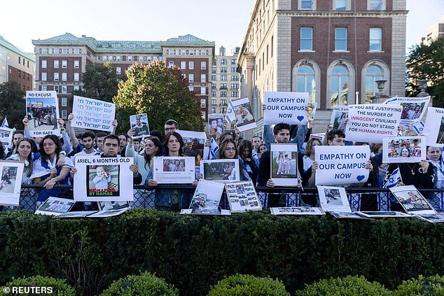 Pro-Israeli groups (pictured at Columbia University) have clashed with pro-Palestinian groups on numerous US campuses since the conflict in the Middle East escalated a week ago