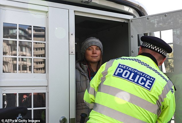 She was led to a police van as activists looked on and smiled as officers told protesters to stand back