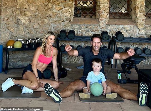 Fitness family: Showcasing the family's toned physiques, he included a snap of the trio in their home gym as Frida showed off her impressive abs