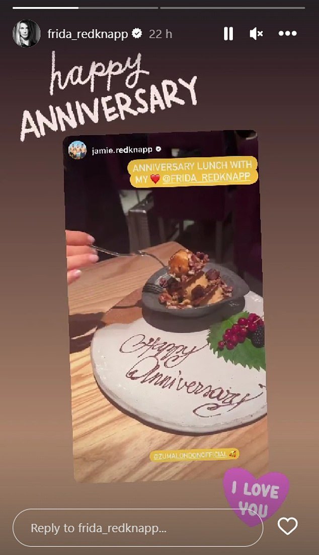 Congratulations!  The sports presenter and chef on Instagram also celebrated their second wedding anniversary this week as Frida shared a snap of the pair enjoying a meal