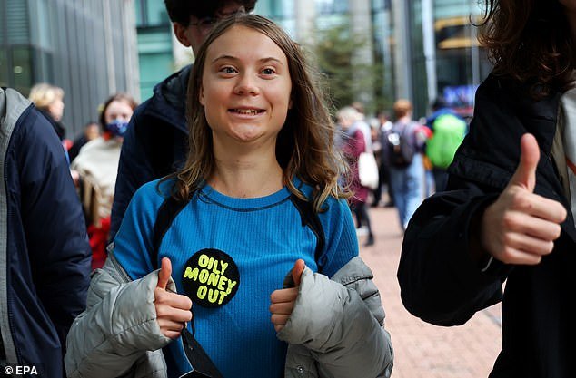 Greta Thunberg takes part in a Fossil Free London protest outside JP Morgan in Canary Wharf yesterday