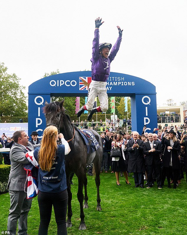 Incredibly, it comes after Frankie claimed victory in both the British Champions Long Distance Cup at Ascot and the Champion Stakes on his final ride in Britain (pictured Saturday)