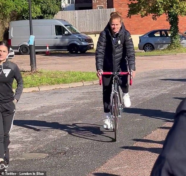 Chelsea's Sjoeke Nusken arrived on his bike for the match against Brighton at Kingsmeadow