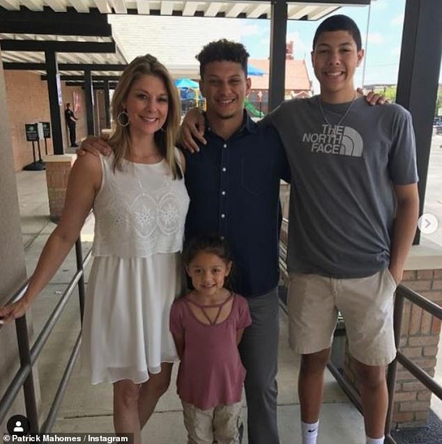 Family: Randi (L) is mother to Patrick, 28 (C), and youngest son Jackson, 22 (R) – whom she shares with ex-husband Patrick Mahomes – while Mia is her daughter from another relationship
