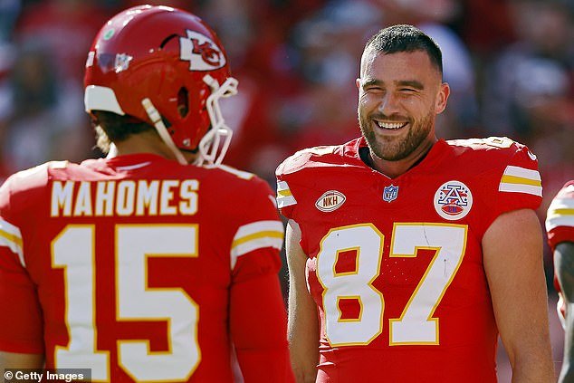 Their husbands: 'They are having a good time and love cheering on their husbands together';  Mahomes and Kelce seen during Sunday's game
