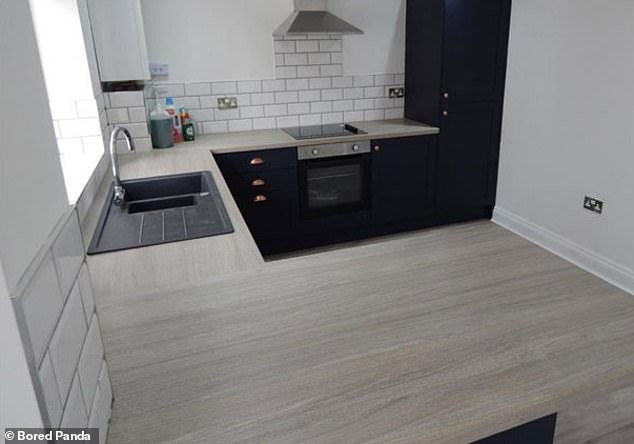 A kitchen worktop appears to blend into the floor in one poorly photoshopped image, with the kitchen and floor appearing to be one whole