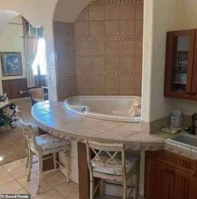 For those who want to shorten the commute between the kitchen and dining room, this home has a bath surrounded by chairs
