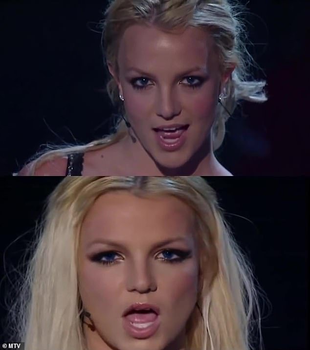 Give me more: Before meeting Justin Timberlake, Spears looked polished and cheerful during her dress rehearsals for the performance (top) compared to the performance (bottom)