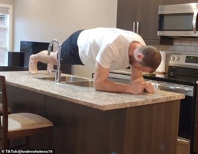 The coach demonstrated how the exercises can be done anywhere, including in the kitchen