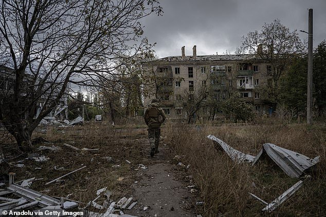 A view of damaged buildings after shelling in the frontline town of Avdiivka as the Russian-Ukrainian war continues in Avdiivka, Ukraine on October 17, 2023