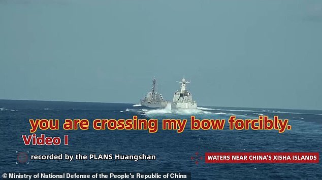The captain of the Chinese warship is heard saying, “American warship 114, this is Chinese 164. “You are crossing my bow by force.  It disrupts my safety'